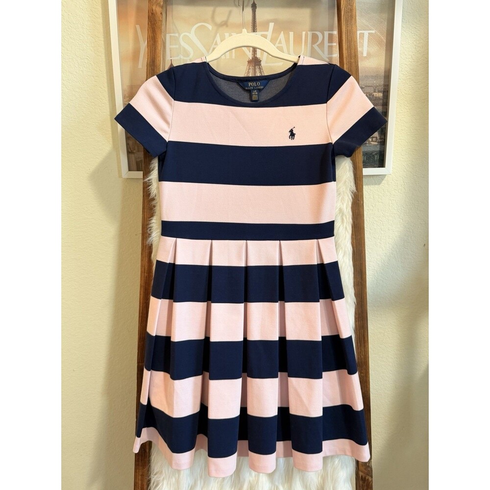Polo Ralph Lauren Girls Striped Pleated Dress Pink Navy Size L 12-14